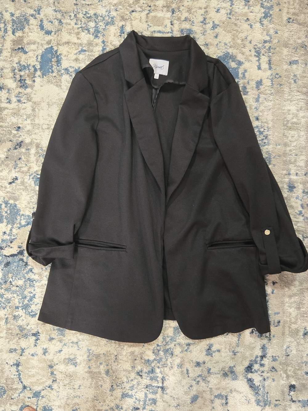 Black Open-Front Blazer with 3/4 Length Rolled Sleeves